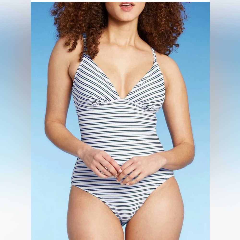 Kona Sol Striped High Coverage One Piece Swimsuit, navy/white stripes, size S